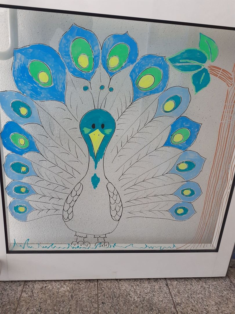 Bemalte Glasscheibe - Pfau